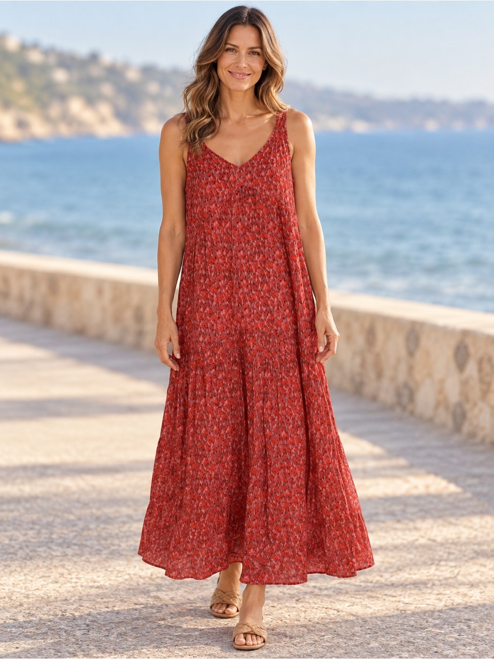 Joie Abstract Print Cotton Sleeveless Maxi Dress Red Pink Size M